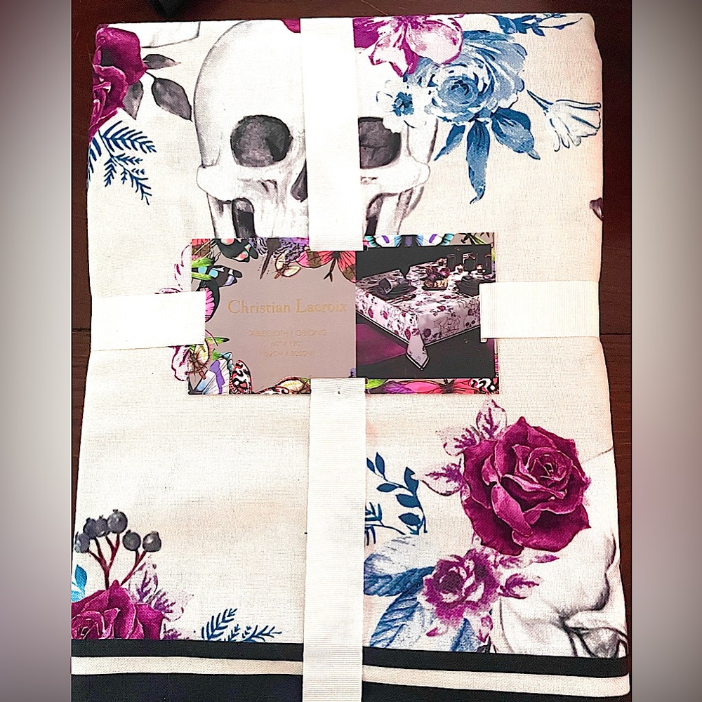 Christian Lacroix Halloween, Skull, Spiderweb, Floral Table Cloth, NWT